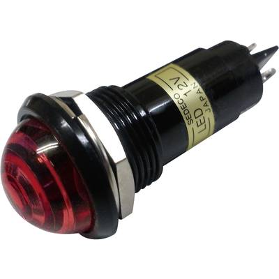 Okrúhla, červená LED signálna kontrolka s čiernym plastovým krytom a strieborným okrajom, vhodná pre 12V aplikácie.