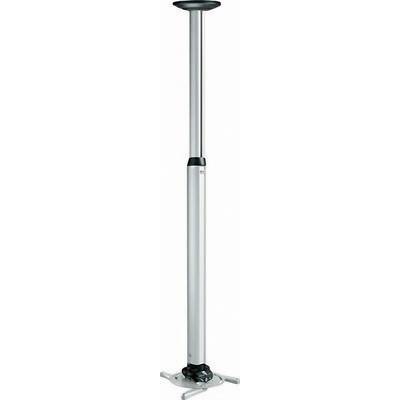 Stojacia lampa s elegantnou, nastaviteľnou striebornou kovovou tyčou a okrúhlou čiernou podstavou.
