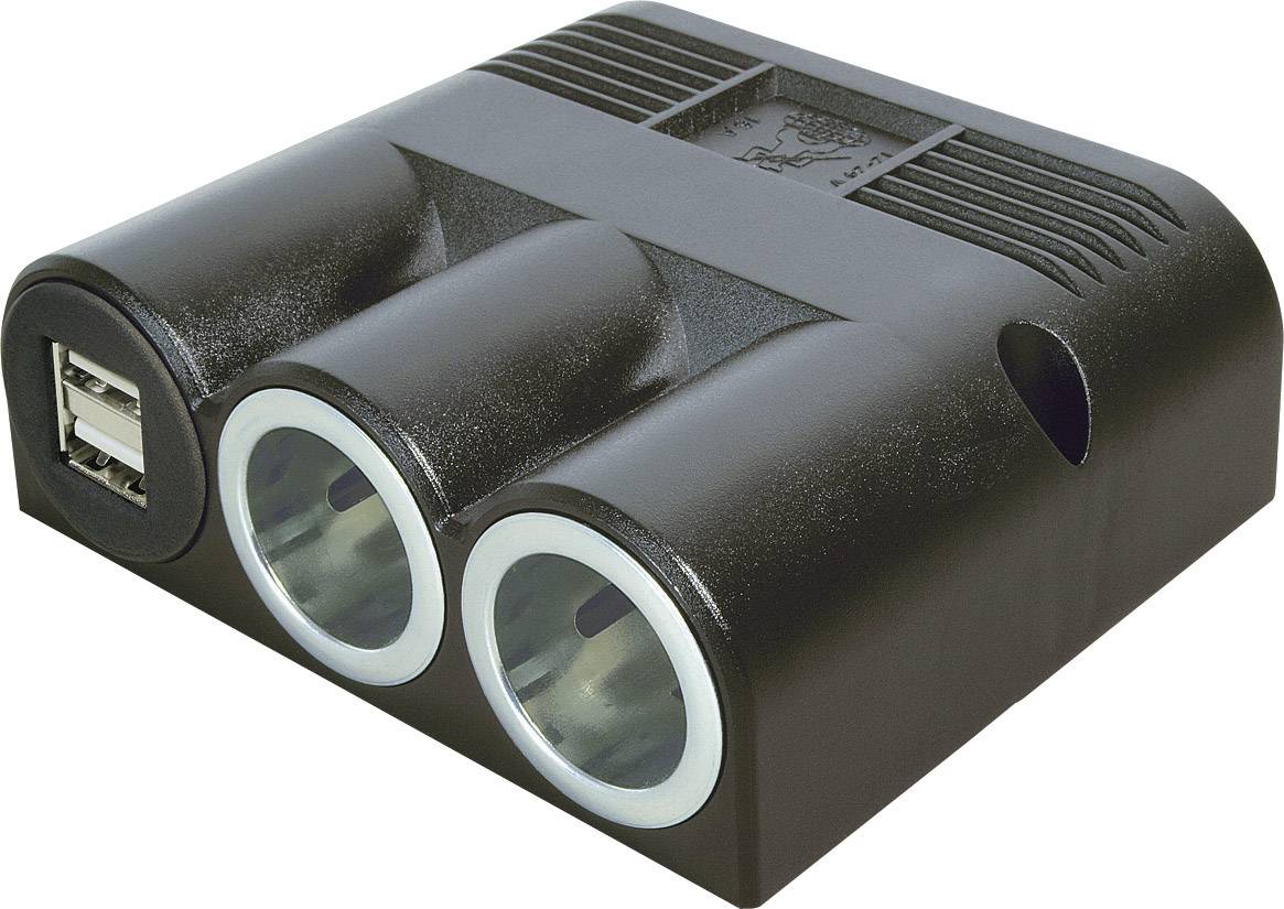 Čierny adaptér do auta s dvoma zásuvkami zapaľovača a dvoma USB portami na napájanie elektronických zariadení.