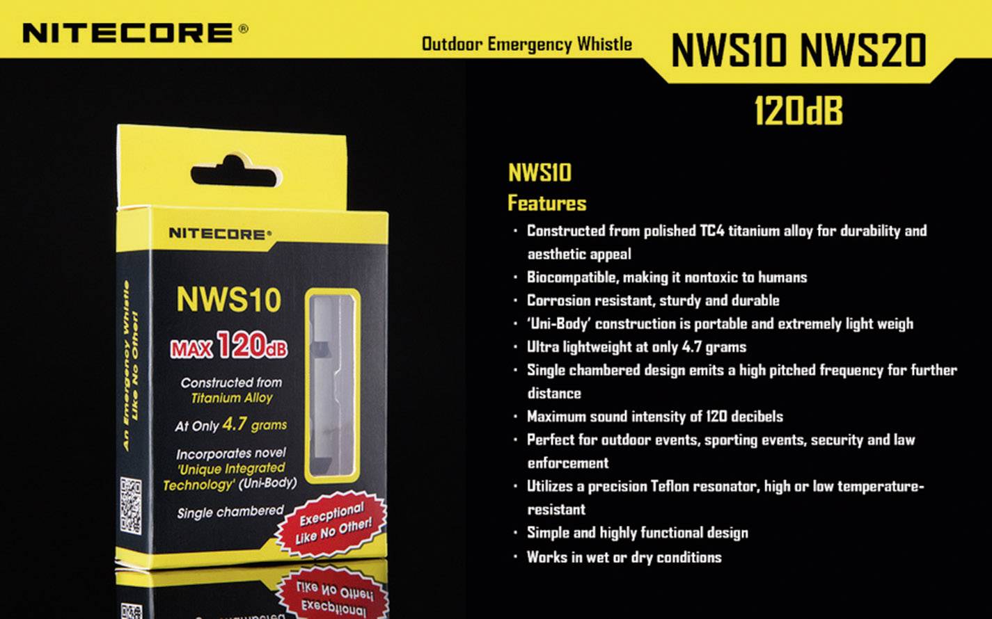 Núdzový vonkajší pískací signál Nitecore Outdoor Emergency Whistle NWS10 NWS20, 120 dB. Vlastnosti: Titánová konštrukcia, odolná voči korózii, mimoriadne ľahká (4,7g), presná rezonancia.