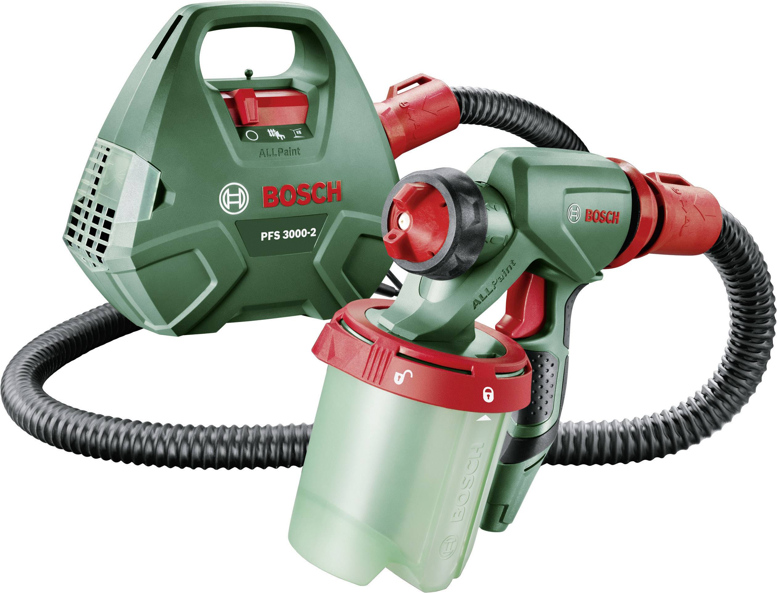 Striekací systém farieb Bosch PFS 3000-2 v zeleno-červenom prevedení. Obsahuje nádobku na farbu, hadicu a pištoľ na nanášanie farby.