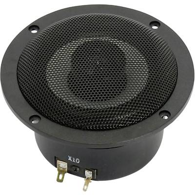 Čierny HiFi reproduktor s ochrannou mriežkou a dvomi pripojovacími svorkami.