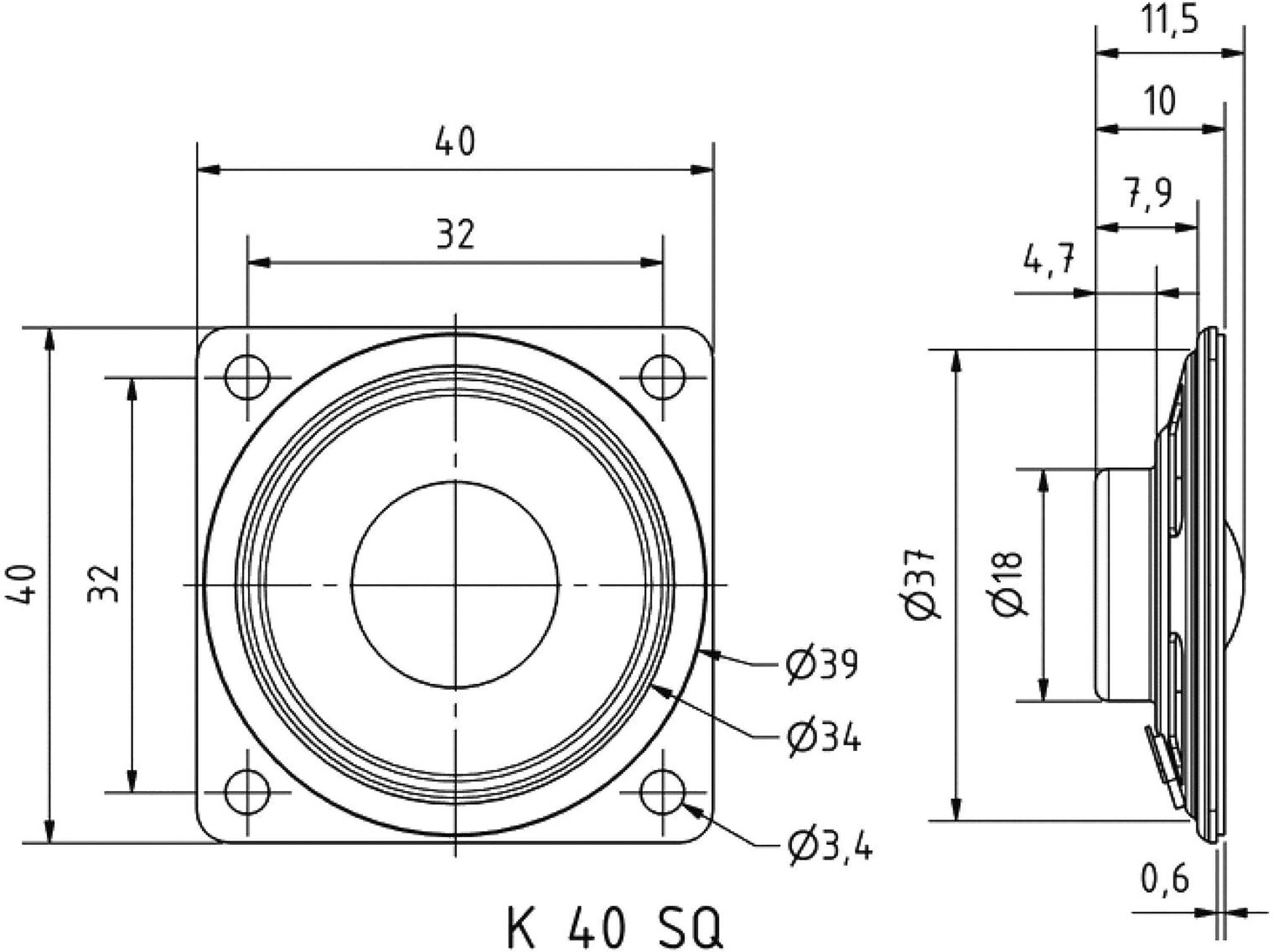 Technický výkres reproduktora série K 40 SQ s rozmermi: šírka 40 mm, výška 40 mm, montážna hĺbka 10 mm.