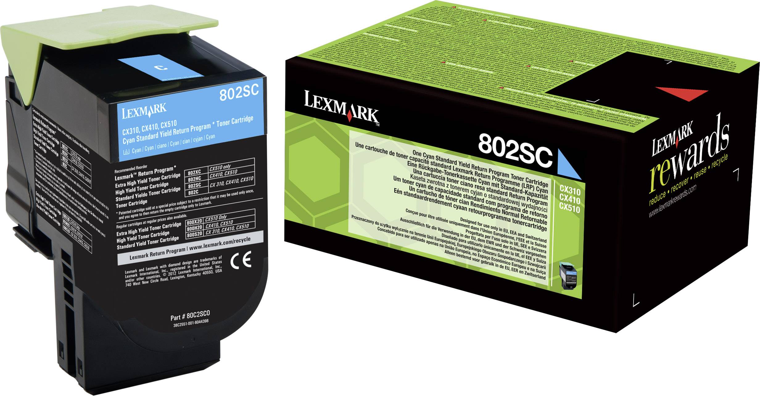 Čierny toner Lexmark 802SC, pohľad spredu a zozadu. Obal zobrazuje zelenú grafiku s logom Lexmark a poznámkou o 'Lexmark Rewards'.