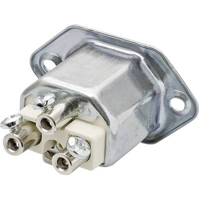 Kovový konektor so štyrmi pripojeniami a dvoma montážnymi otvormi, vhodný pre technické aplikácie alebo elektrické pripojenia.