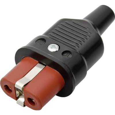 Čierny a červený elektrický batériový konektor s dvoma kovovými kontaktmi a skrutkou, používaný na prepojenie káblov.