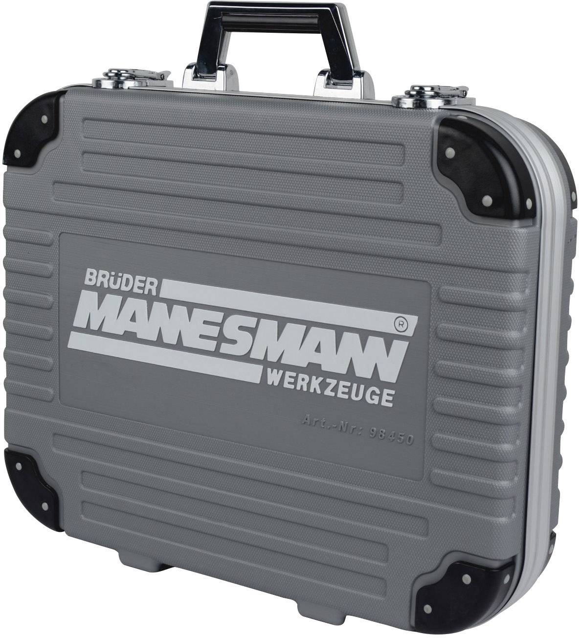 Sivý kufrík na náradie so logom 'Brüder Mannesmann Werkzeuge', robustný, s čiernou rukoväťou a kovovými zámkami, určený na uskladnenie náradia.