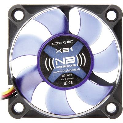 Počítačový ventilátor s nápisom 'ultra tichý, NB Noiseblocker, XS1'. Guľatý dizajn s modrými lopatkami ventilátora.