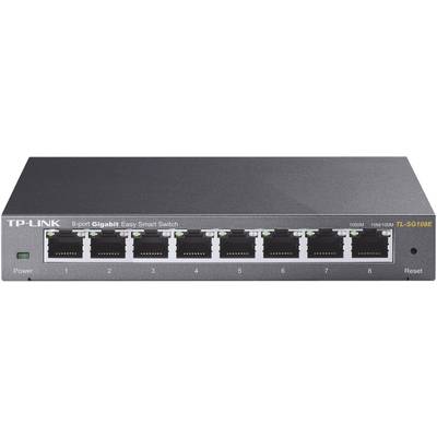 TP-Link 8-portový gigabitový ethernetový switch, model TL-SG108E, v čiernom prevedení, zobrazený spredu.