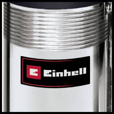 Strieborné kovové zariadenie s obdĺžnikovým logom 'Einhell' v červenej a čiernej farbe.