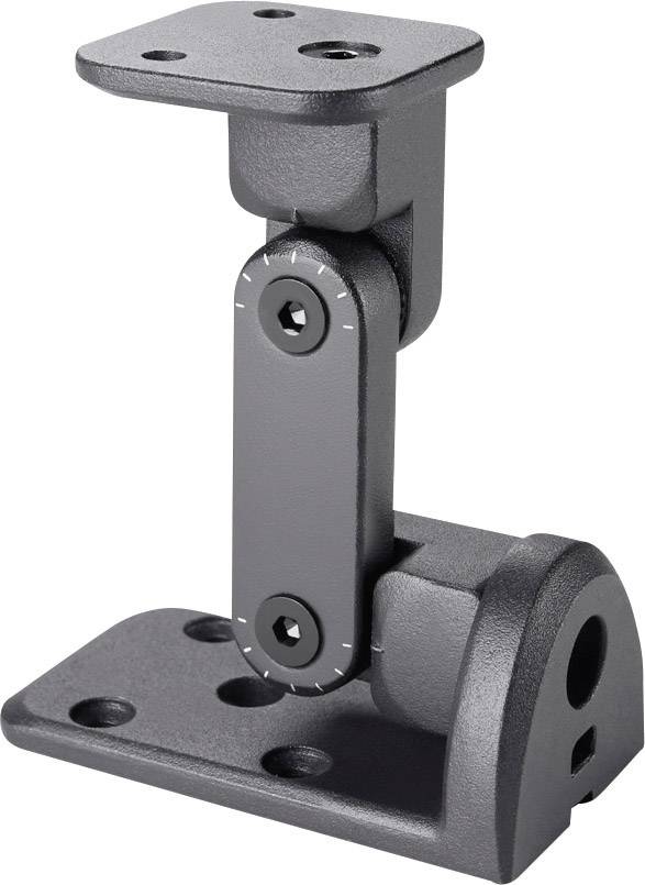 Čierna, nastaviteľná nástenná konzola so kĺbmi, vhodná na upevnenie zariadení alebo objektov na stenách alebo pevných povrchoch.