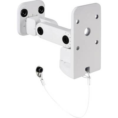 Biela nástenná konzola s viacerými kĺbmi, vhodná na upevnenie zariadení alebo predmetov, s bezpečnostným lankom.