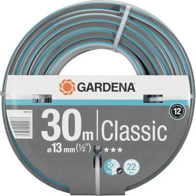 Záhradná vodná hadica, značka Gardena, model 'Classic', dĺžka 30 m, priemer 13 mm, max. tlak 22 barov, 12 rokov záruky.