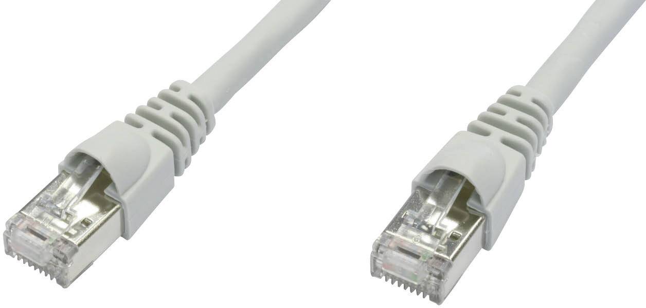 Dva sivé ethernetové káble s RJ45 konektormi.