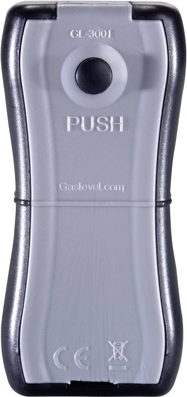 Indikátor stavu naplnenia plynovej fľaše s nápisom 'PUSH' a modelovým číslom 'GL-3001'.