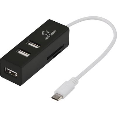 Kompaktný čierny USB hub s tromi USB portami a čítačkou kariet, pripojený cez biele káblové prepojenie.