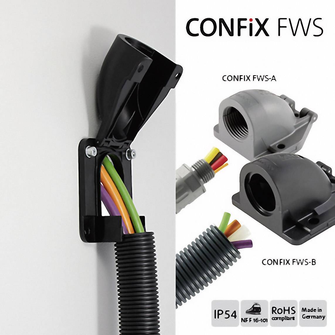 Systém ochrany káblov so šikmými prípojkami a rôznymi vývodmi káblov. Popisy: 'CONFix FWS-A' a 'CONFix FWS-B'.