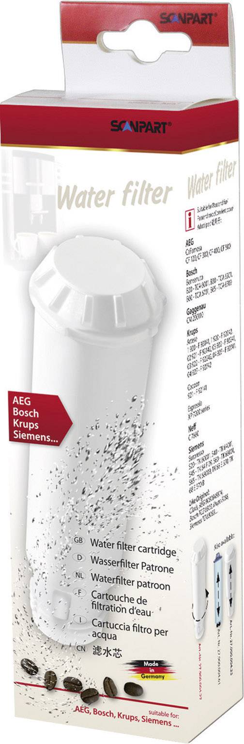 Vodný filter pre kávovary značiek AEG, Bosch, Krups, Siemens. Balenie zobrazuje obrázok produktu a viacjazyčný popis.