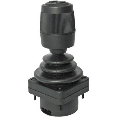 Čierny joystick s vrúbkovanou rukoväťou a štvorcovou základňou so skrutkovými otvormi, pravdepodobne určený na ovládanie strojov alebo zariadení.