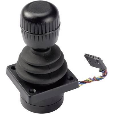 Čierny joystick s ryhovanou rukoväťou a štvorfarebným káblovým pripojením, pravdepodobne určený pre priemyselné alebo technické ovládanie.
