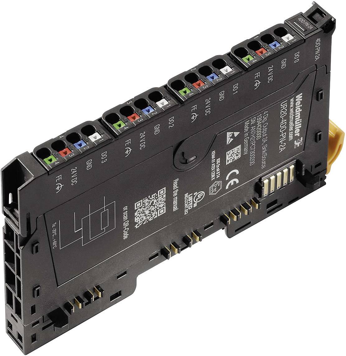 Elektronický modul s popiskami a farebne kódovanými konektormi na riadenie elektrických obvodov v priemyselných aplikáciách.