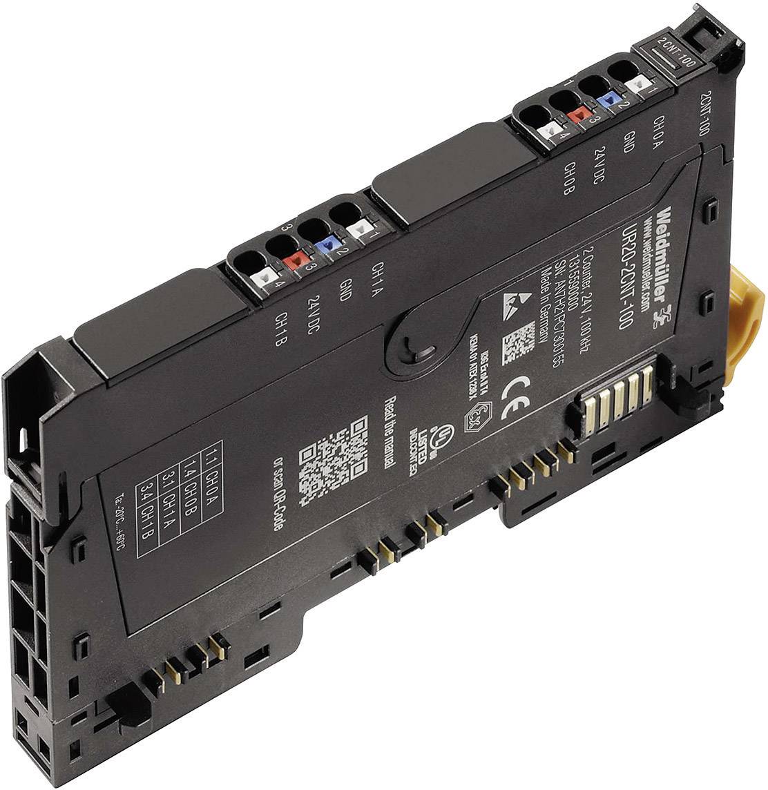 Elektronický komponent od spoločnosti Weidmüller pre priemyselné aplikácie, s viacerými pripojeniami a označeniami.