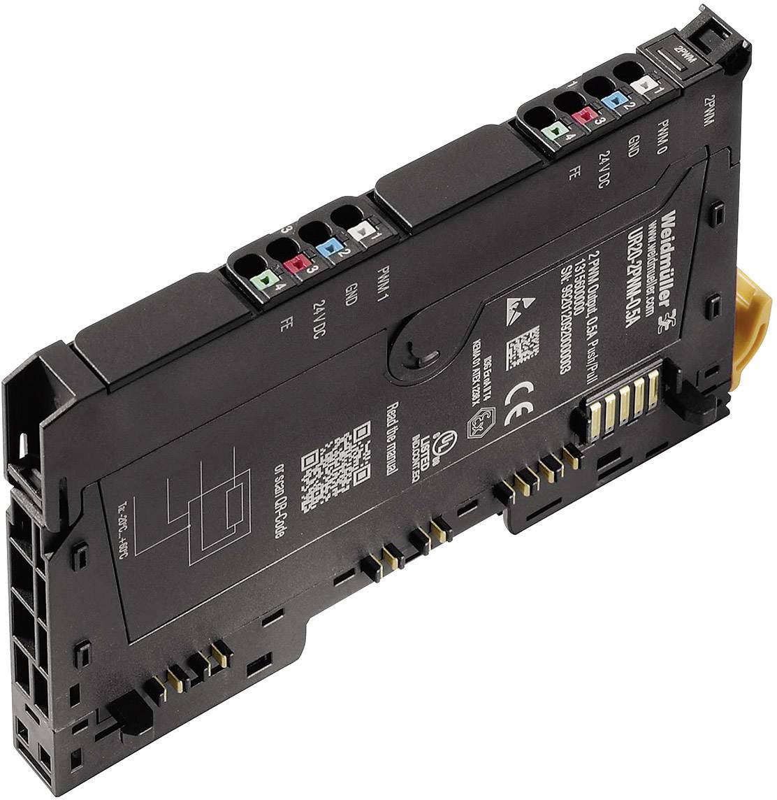Elektronický modul s viacerými konektormi, čiernym krytom, vytlačenými technickými špecifikáciami a označením CE.