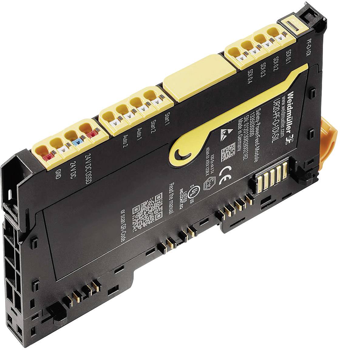 Elektronický reléový modul od spoločnosti Weidmüller, s viacerými svorkovými pripojeniami, vhodný pre priemyselné riadiace systémy.