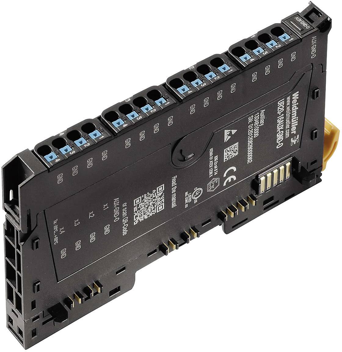 Čierny, obdĺžnikový elektronický modul s viacerými modrými konektormi a sériovými číslami označenými na hornej strane.