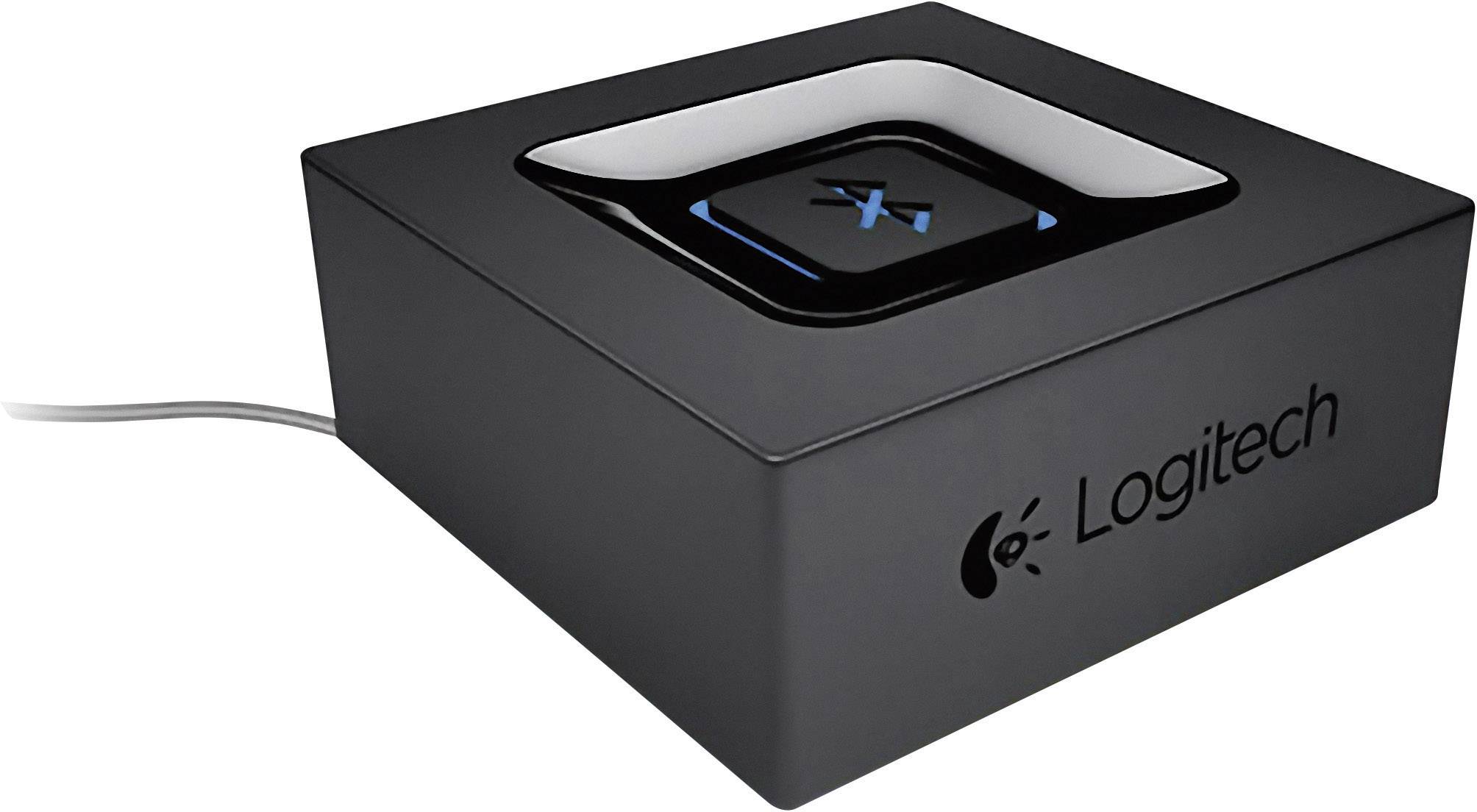 Čierny, obdĺžnikový bluetooth audio prijímač značky Logitech s centrálnym tlačidlom.