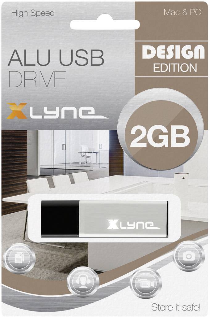 Balenie USB kľúča 'XLYNE ALU USB DRIVE', Dizajnová edícia, 2GB, kompatibilný s Mac & PC, v modernom kancelárskom prostredí.