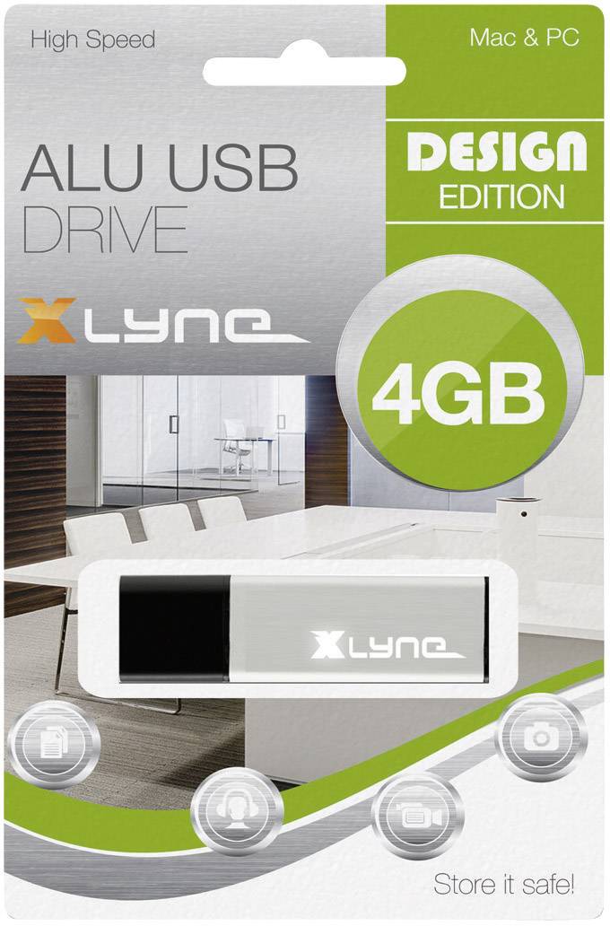 Balenie USB kľúča s kapacitou 4 GB, kompatibilného s Mac a PC. Značka 'X-Lyne', dizajnová edícia, zobrazené v modernej kancelárii.