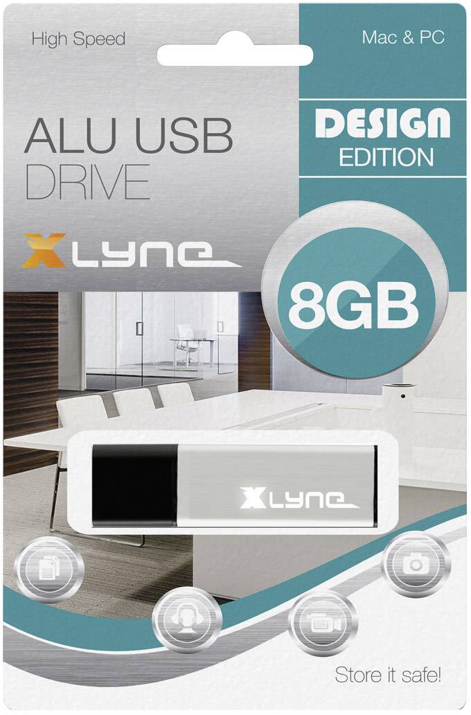 USB kľúč s obalom s nápisom 'ALU USB DRIVE', kapacita 8 GB. Dizajnová edícia, kompatibilná s Mac & PC.