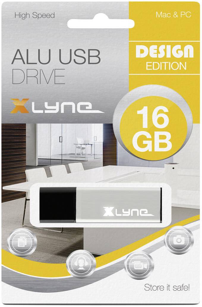 USB kľúč ALU, striebornej a čiernej farby, 16 GB. Dizajnová edícia pre Mac & PC. Text: 'Uchovaj bezpečne!'. Obrázok s kancelárskym vybavením.