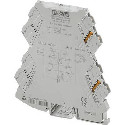 Elektronická súčiastka od Phoenix Contact, model MINI MCR-2, so schémou zapojenia a údajmi o vstupoch a výstupoch na prednej strane.