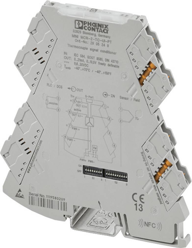 Elektronické zariadenie od Phoenix Contact na meranie teploty, montované na DIN lištu. Obsahuje NFC rozhranie a pripojovacie svorky.