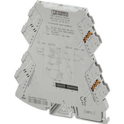 Elektronické zariadenie od Phoenix Contact na meranie teploty, montované na DIN lištu. Obsahuje NFC rozhranie a pripojovacie svorky.