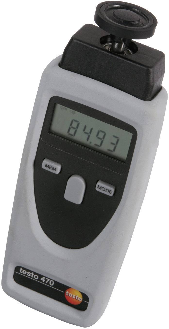 Digitálne ručné zariadenie s displejom zobrazuje '84,93'; model 'testo 470', pravdepodobne tachometer na meranie otáčok.