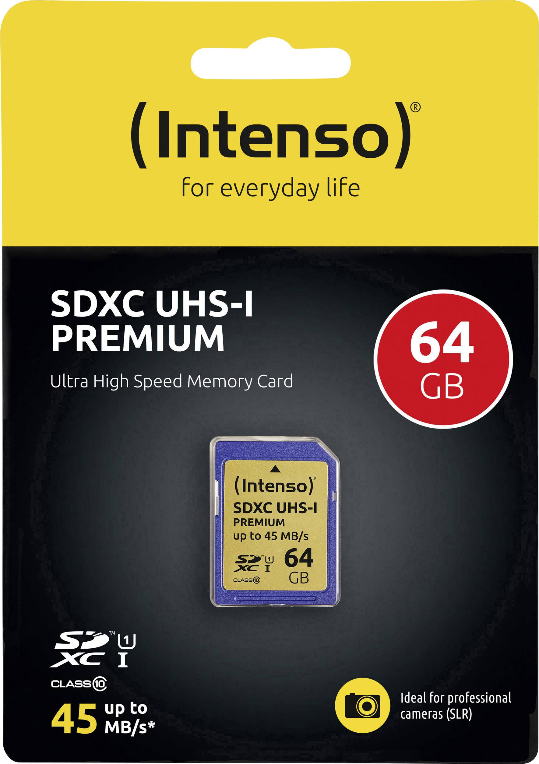 Intenso SDXC UHS-I prémiová pamäťová karta, 64 GB. Vhodná pre zrkadlovky. Rýchlosti až do 45 MB/s. Ideálna pre profesionálov.