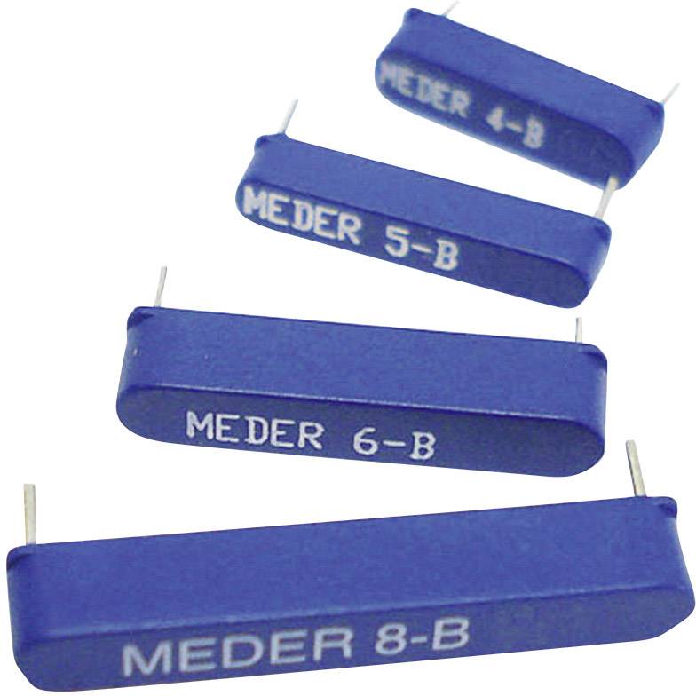 Štyri modré elektronické komponenty s nápismi 'MEDER 4-B', 'MEDER 5-B', 'MEDER 6-B' a 'MEDER 8-B', usporiadané podľa vzrastajúcej veľkosti.