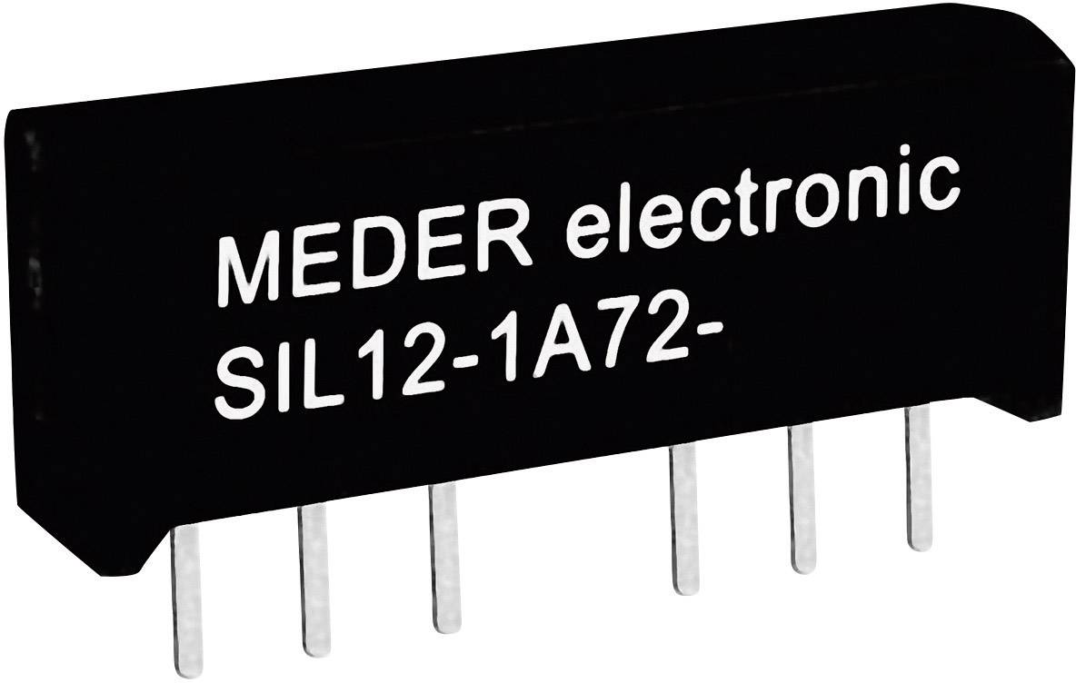 Čierno-sivé relé s bielym nápisom 'MEDER electronic SIL12-1A72-'. Má šesť kovových pripájacích kolíkov.