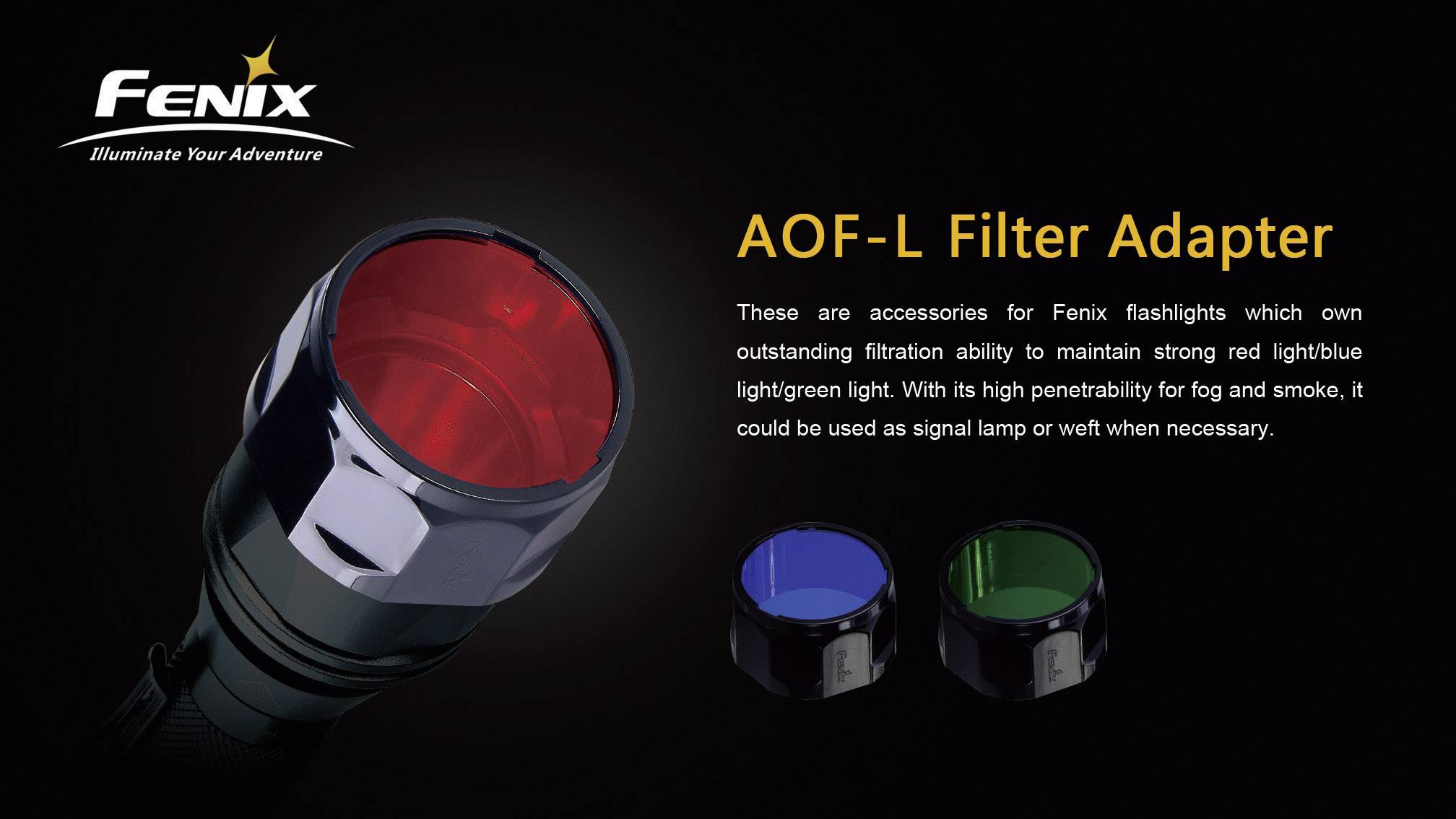 Fenix adaptér na filterovanie baterky s červeným, modrým a zeleným filtrom pre signalizačné alebo výstražné účely. Text: 'AOF-L Filter Adapter'.