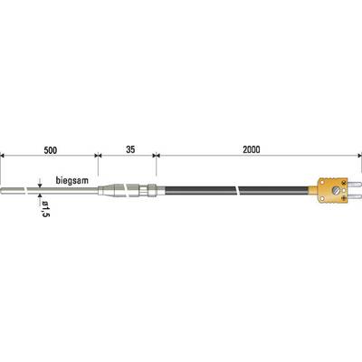 'Flexibilný termočlánok': dĺžka 2535 mm, hrúbka 1,5 mm. Značenia: 500 mm, 35 mm ohybný, 2000 mm. Kábel na pripojení.