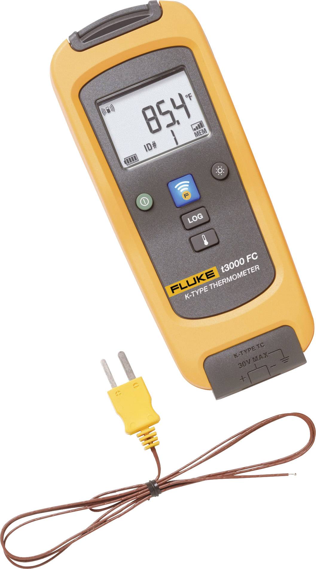 Digitálny teplomer s LCD displejom zobrazuje '85,4°F'. Pod ním leží termočlánok typu K s dvoma káblami a žltou zástrčkou.