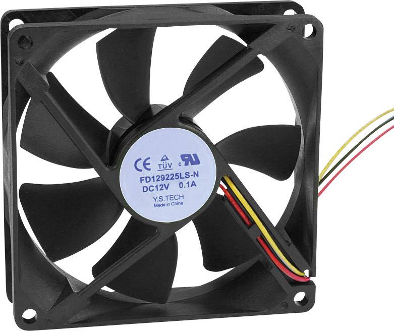 Štvorcový chladiaci ventilátor s nápismi 'FD129225LS-N' a 'DC12V 0.1A'. Sú viditeľné tri pripojovacie káble v červenej, čiernej a žltej farbe.