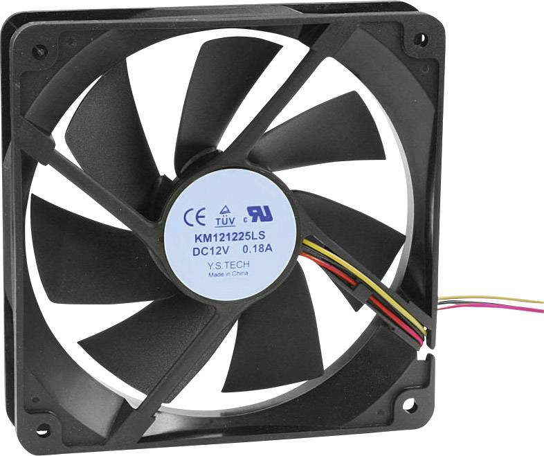 Štvorcový počítačový ventilátor s čiernymi krídlami a štítkom v strede. Štyri farebné káble vyčnievajú z boku.