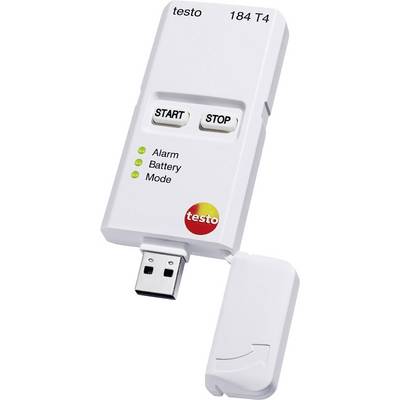 USB teplotný datalogger s tlačidlami 'ŠTART' a 'STOP', LED indikátormi pre alarm, batériu a režim. Značka: Testo, Model: 184 T4.