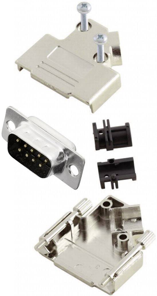 Rozobraný D-sub konektor s kovovým krytom, kolíkmi a skrutkami pre počítačové alebo elektronické pripojenia.