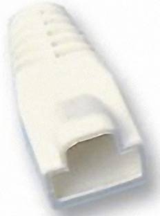 Biely sieťový konektor RJ45, typický pre ethernetové káble, s ochranným krytom na zníženie rizika zlomenia kábla.
