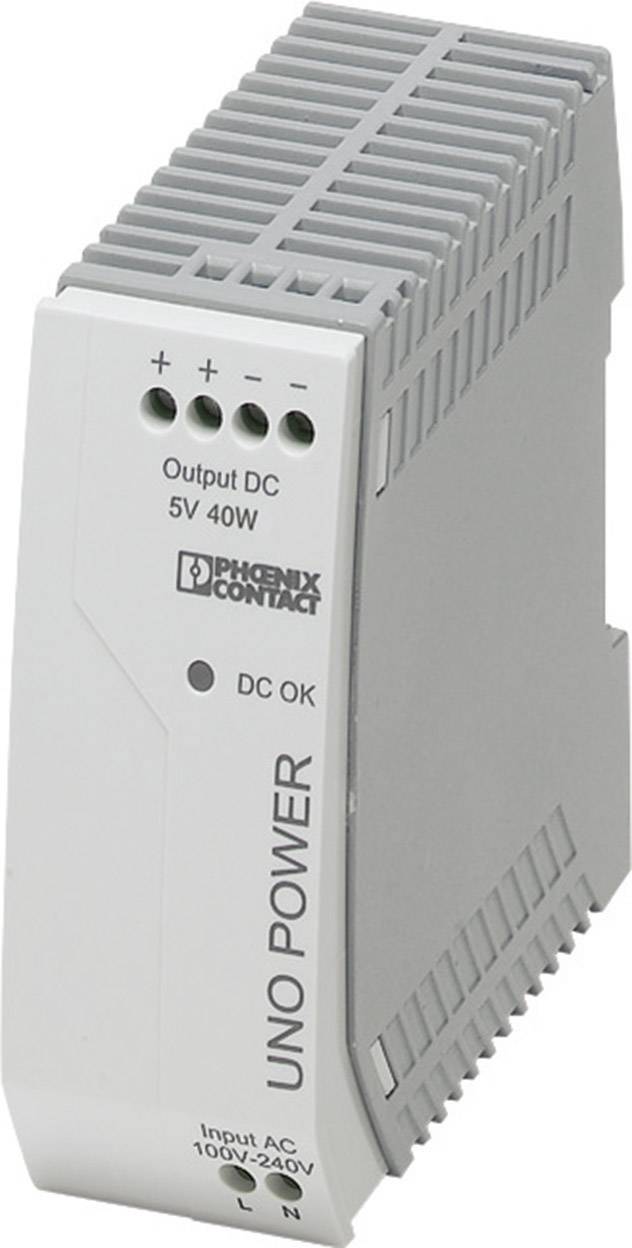 Kompaktný sieťový zdroj od Phoenix Contact na montáž na DIN lištu, s nápisom 'UNO POWER'. Výstup: 5V 40W, Vstup: 100-240V AC.